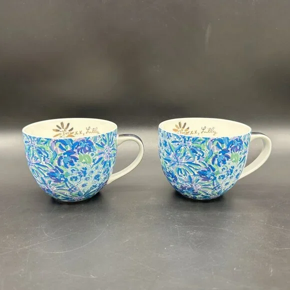 Lilly Pulitzer Mugs Coffee Tea Cups Lion Around Hidden Cat Face Blue Purple - Picture 2 of 11